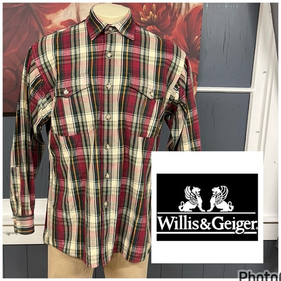 Vintage Willis & Geiger Plaid Brushed Knitted Cotton Shirt Men Sz Medium Relaxed